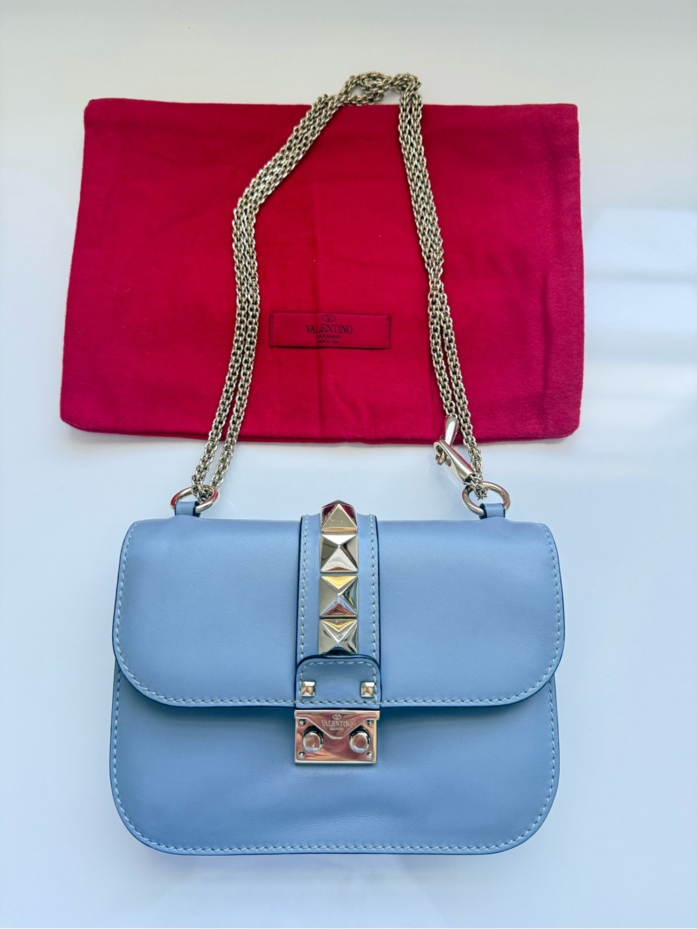Valentino Rockstud Small Leather Crossbody Bag Light Blue- Authentic-